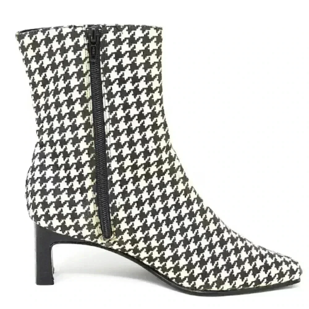 Black White Houndstooth Low Heel Bootie Size 6.5 US Retro Square Toe Ankle Boots